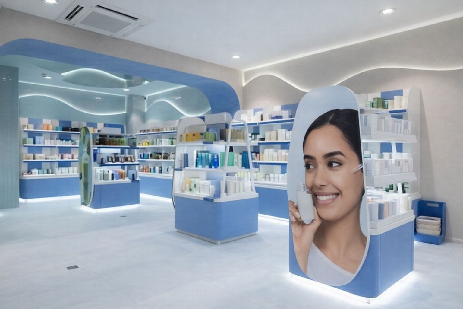 Välordnad hälsobutik med blåa hyllor och en stor bild på en leende kvinna.
