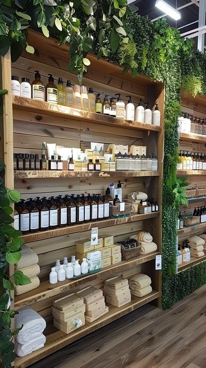 Butikshylla med märkta flaskor, burkar, askar och handdukar