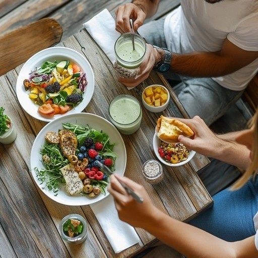 Personer delar en hälsosam måltid med sallad, frukt och gröna drycker